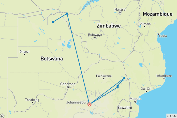 Mapa de Safari por el Kruger y excursión a las Cataratas de Victoria - 9 días