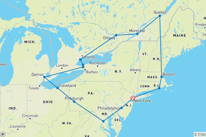 Map of Eastern USA & Canada Explorer - 12 days