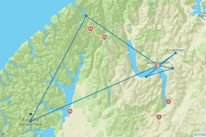 Carte du circuit Les merveilles de Queenstown, sur l'île du Sud de la Nouvelle-Zélande
