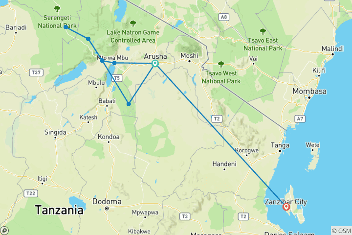 Map of Tanzania's Wilderness & Zanzibar's Dreamy Beaches (flight included)
