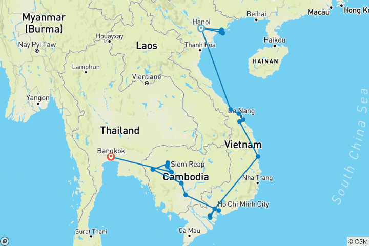 Carte du circuit Aventure au Vietnam et au Cambodge