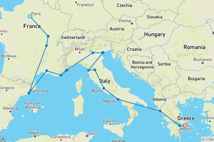 Map of London to Athens (Hotels, Start Paris)