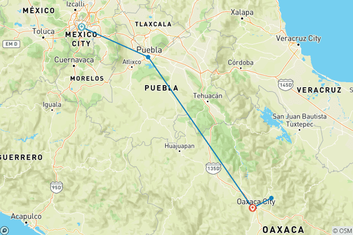 Karte von Von Mexiko-Stadt nach Oaxaca mit Wanderung durch ein Zapoteken-Dorf (5 Reiseziele)