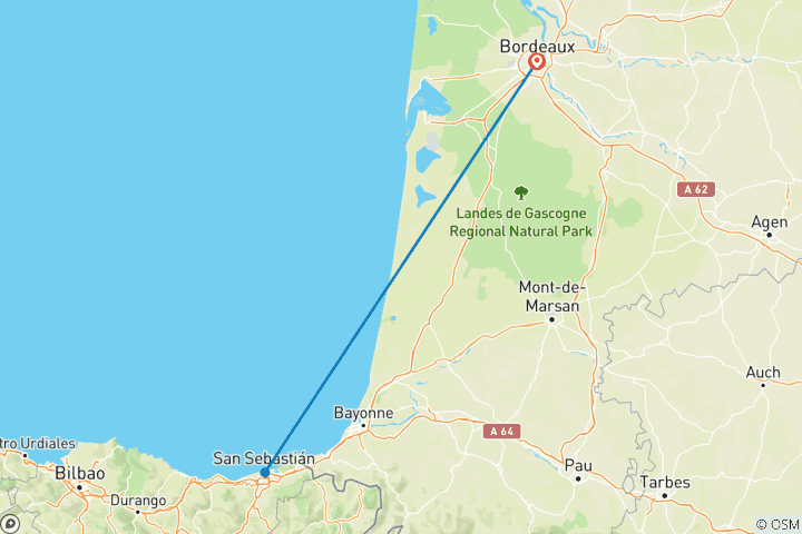 Carte du circuit L'infini de l'Atlantique sur les côtes espagnole et française : Moliets et Saint-Sébastien