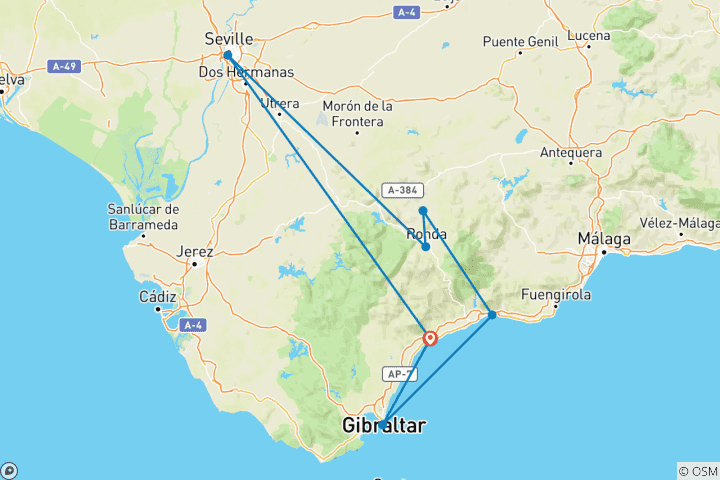 Karte von Andalusien - Gibraltar, Sevilla und die Schönheit kleiner Städte