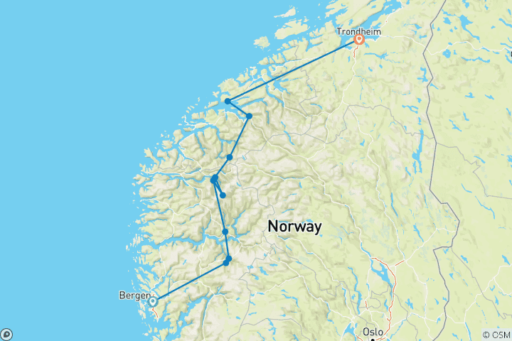 Carte du circuit Norvège - Road trip de Bergen à Trondheim