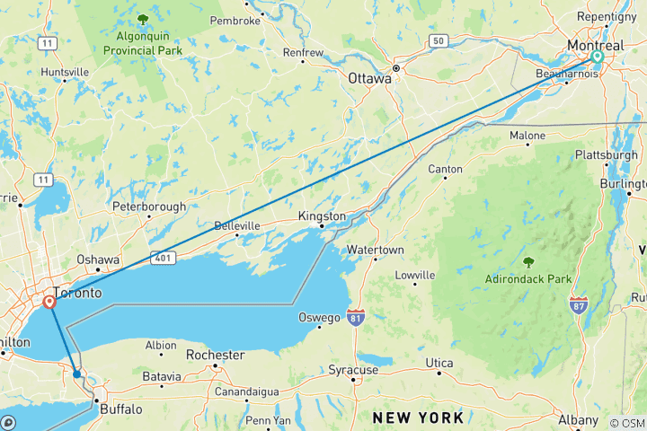 Carte du circuit L'Est du Canada : des villes animées et les chutes du Niagara à couper le souffle