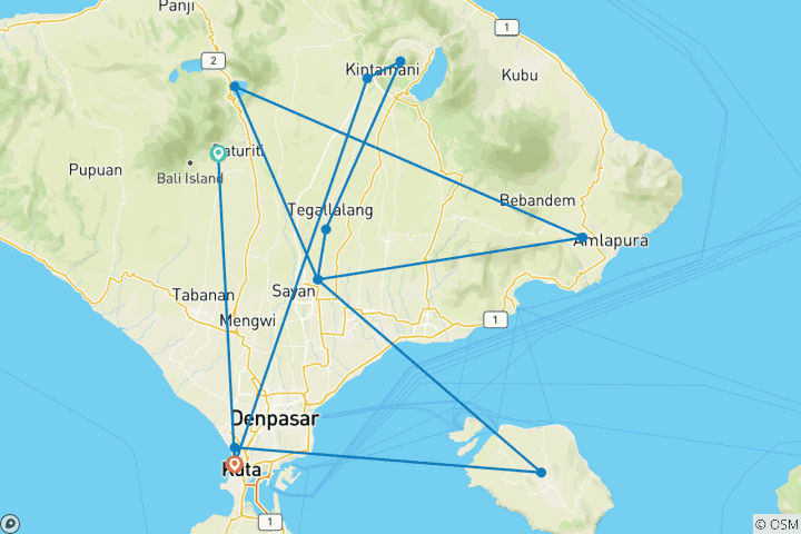 Carte du circuit Bali : le rythme de l'île – des temples aux cascades, du volcan à la mer