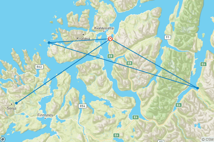 Carte du circuit Tromsø, une ville magique : aurores boréales, rennes, baleines et balades en traîneau à chiens