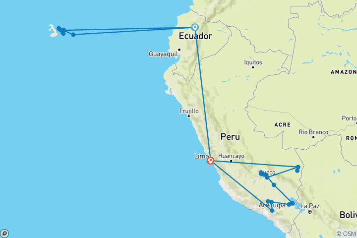 Karte von Galapagos-Kreuzfahrt & Peru hautnah (Grand Queen Beatriz, 32 Reiseziele)