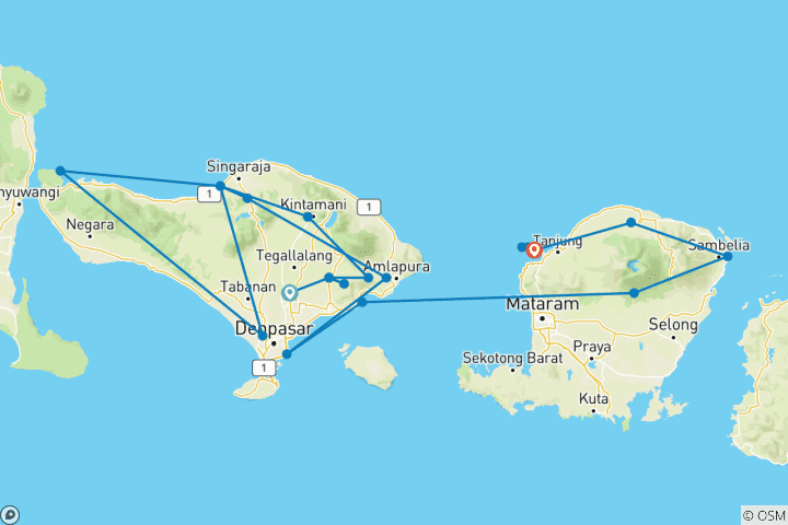 Carte du circuit Aventure à Bali et Lombok (21 destinations)