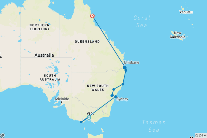 Mapa de Aventura por Australia en coche: 15 días