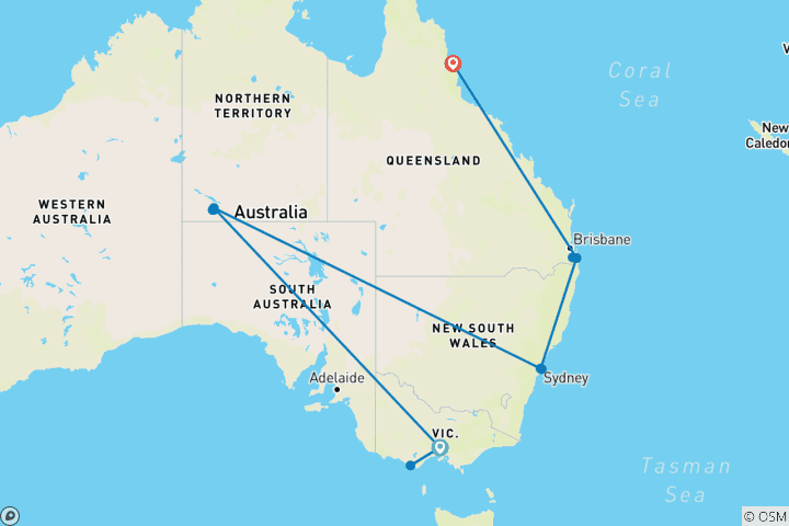 Kaart van Groot Australisch avontuur – 15 dagen