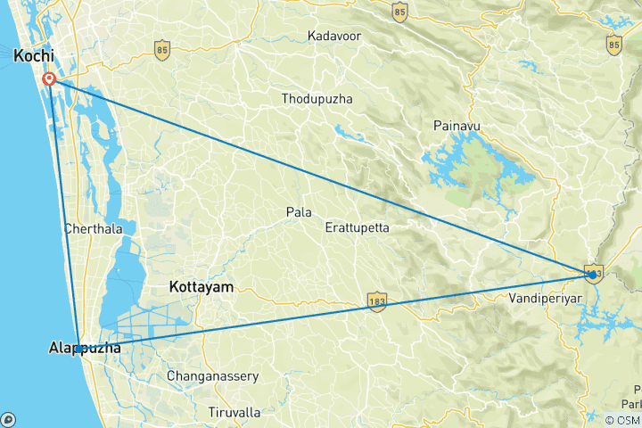 Karte von Kerala-Reise – Natur, Tierwelt und Backwaters | Kurzreise von 3 Tagen