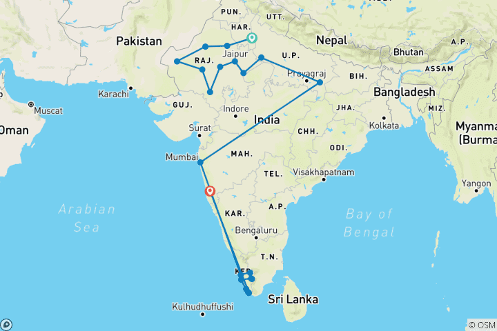 Karte von Die beste Indien-Rundreise von Nordindien nach Südindien – 25 Tage (mit 3-, 4- und 5-Sterne-Hotels zur Auswahl)