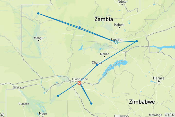 Carte du circuit Expérience culturelle « Likumbi Lya Mize » 2027 : l'expédition culturelle et safari par excellence