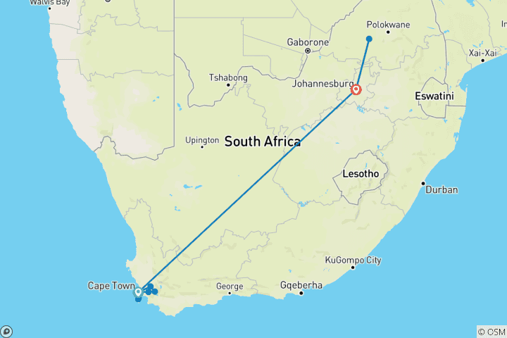 Carte du circuit Circuit classique au Cap et safari à Entabeni – 9 jours