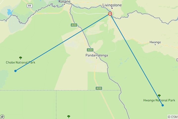Map of Victoria Falls, Chobe & Hwange - 8 days