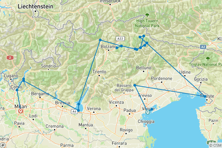 Mapa de La ruta de los Dolomitas: de Venecia a Milán