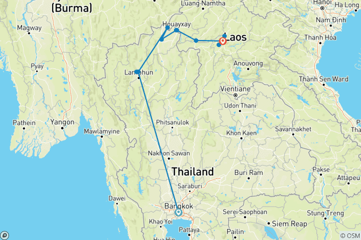 Mapa de Bangkok, el norte de Tailandia y lo mejor de Laos con el Mekong (14 destinos)