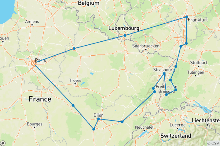 Mapa de Borgoña, Alsacia y Selva Negra - Fin en París