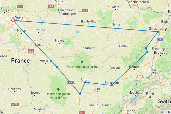 Carte du circuit Les charmes de la Bourgogne et de l'Alsace
