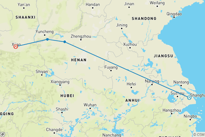 Kaart van Klassiek China – eindpunt Xi’an (4 bestemmingen)