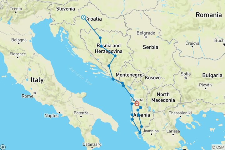 Karte von Der Balkan und das Herz Albaniens (20 Reiseziele)