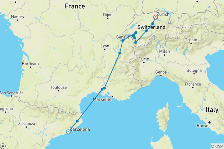 Mapa de De Barcelona a Zúrich (14 destinos)