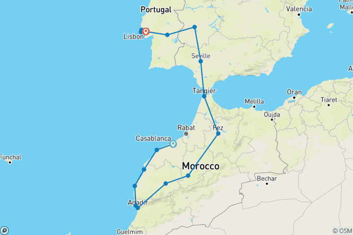 Map of Atlantic Route, From Casablanca to Lisbon