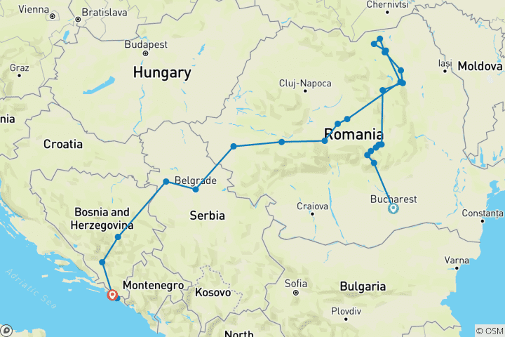 Karte von Balkan-Rundreise – mit Abschluss in Dubrovnik (28 Reiseziele)
