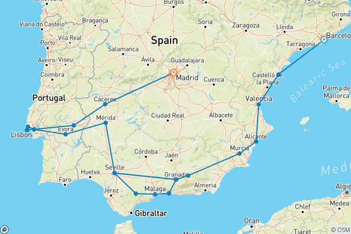 Kaart van Barcelona, Levante, Andalusië en Lissabon, plus Madrid (23 bestemmingen)