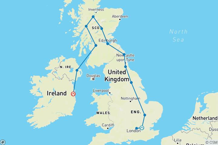 Carte du circuit Aonghus Youth (12 destinations)