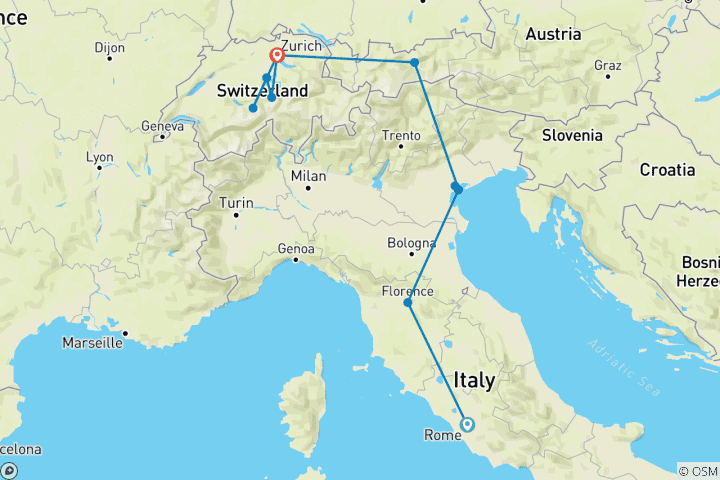 Carte du circuit Italie classique et Suisse (13 destinations)