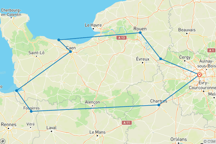 Map of Brittany and Normandy (9 destinations)