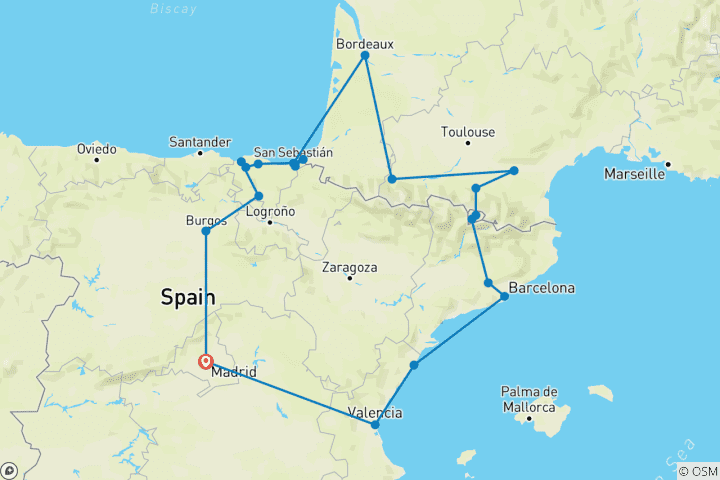 Kaart van Baskenland, Andorra, Barcelona & Lourdes