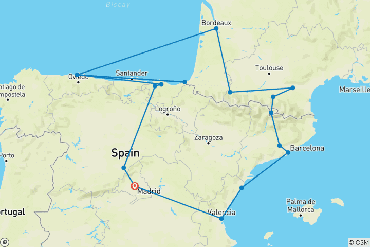 Map of Basque Country, Andorra and Barcelona with Lourdes