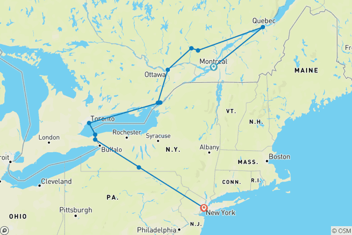Carte du circuit Canada, Niagara et New York