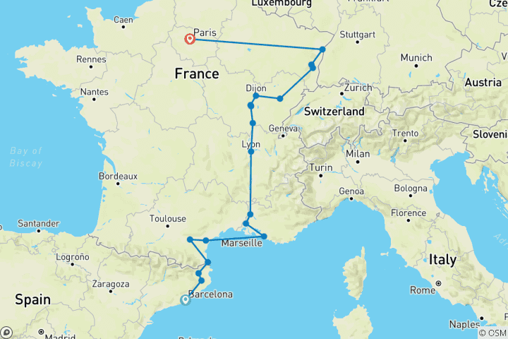 Map of Catalonia, south of France, Burgundy and Alsace (from Barcelona to Paris)