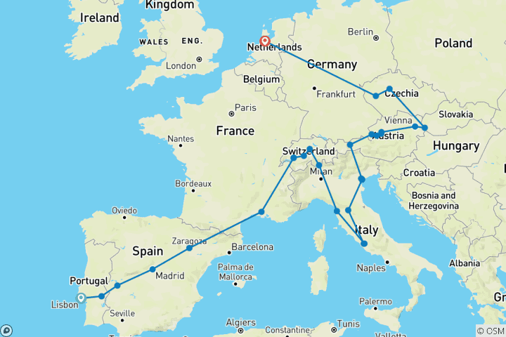 Kaart van Contrasten van Europa (53 bestemmingen)