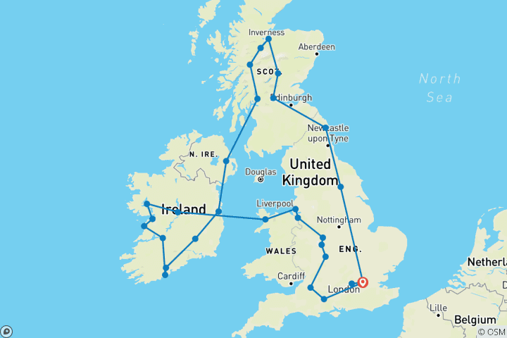 Karte von London, die Highlands, Irland und Südengland (49 Reiseziele)