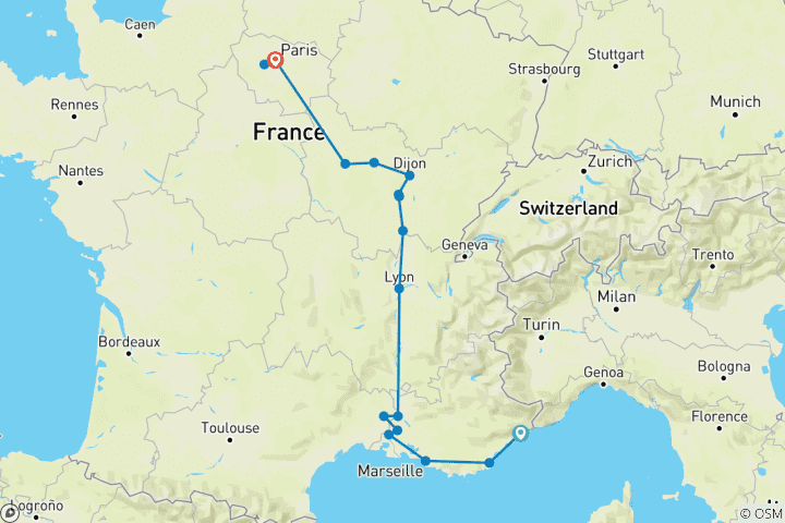 Kaart van Door Frankrijk reizen (17 bestemmingen)