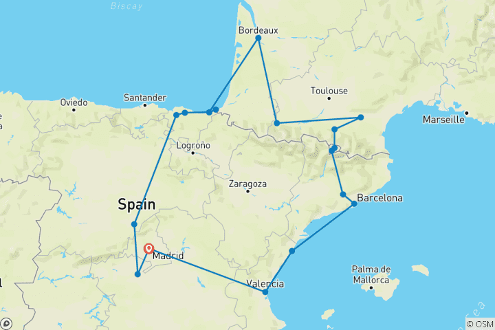 Carte du circuit Madrid, Pays Basque, Andorre et Barcelone avec Lourdes