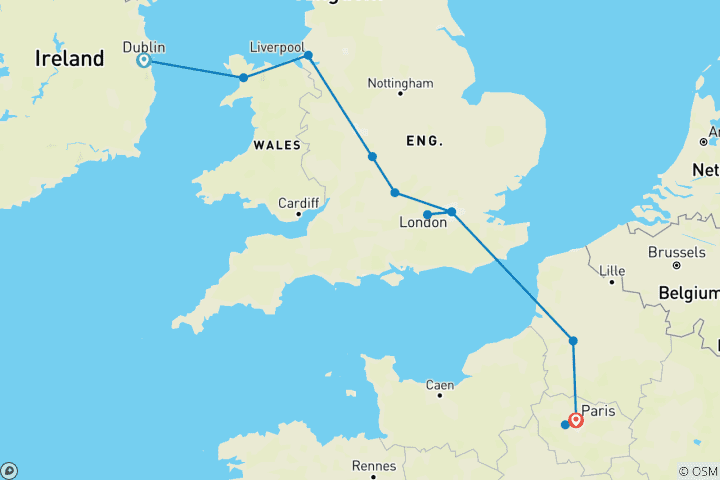 Map of Exploring Dublin, United Kingdom and Paris (12 destinations)