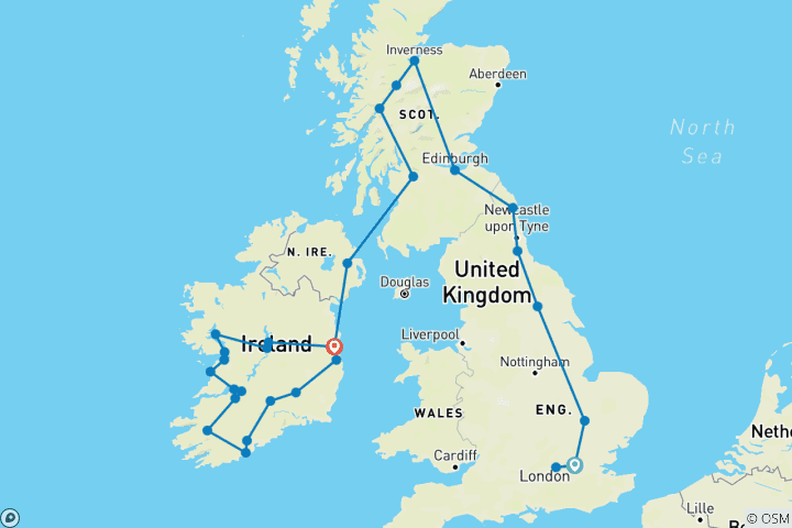 Karte von England, Schottland und Irland (ende Dublin) (31 Destinationen)