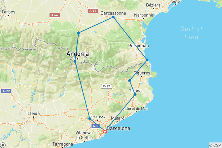 Map of Catalonia, South of France and Andorra (9 destinations)