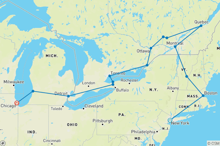 Map of Essential East Coast, Niagara and Chicago (15 destinations)