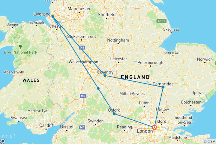 Map of Essential England with London (7 destinations)