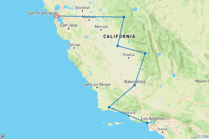 Kaart van Het fascinerende Westen, met als eindbestemming San Francisco (van Los Angeles naar San Francisco, 8 bestemmingen)