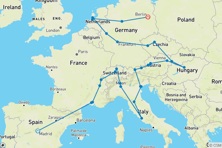Kaart van Europa in de diepte (49 bestemmingen)